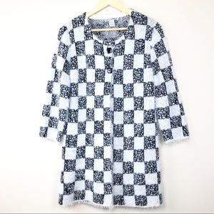 B/W Fuzzy Check Print Sweater Jacket (L)